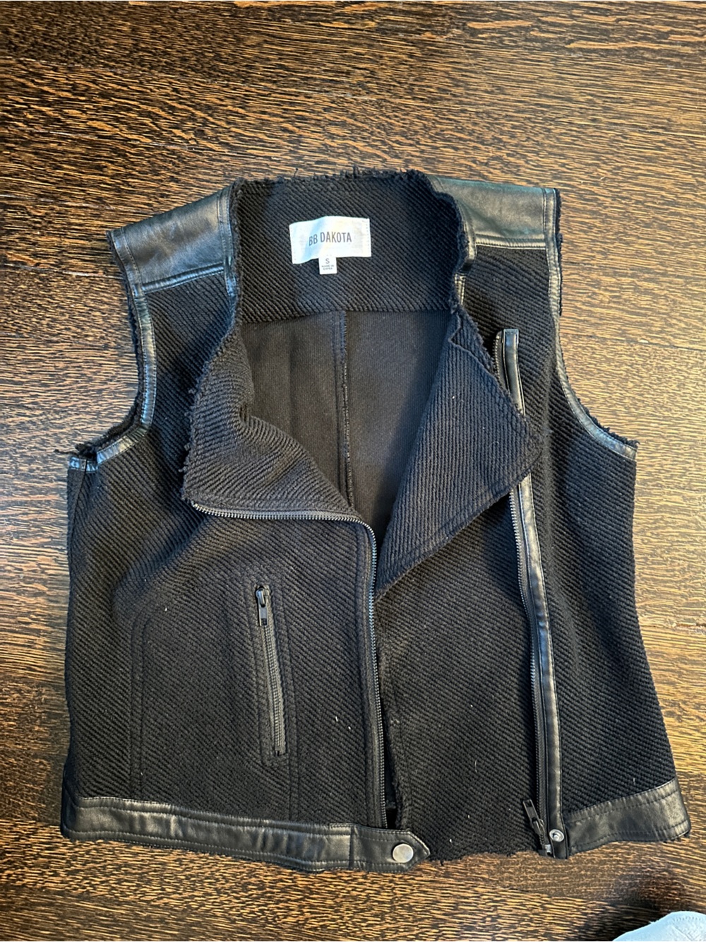 BB Dakota Black Sleeveless Zip-Front Vest with Faux Leather Trim